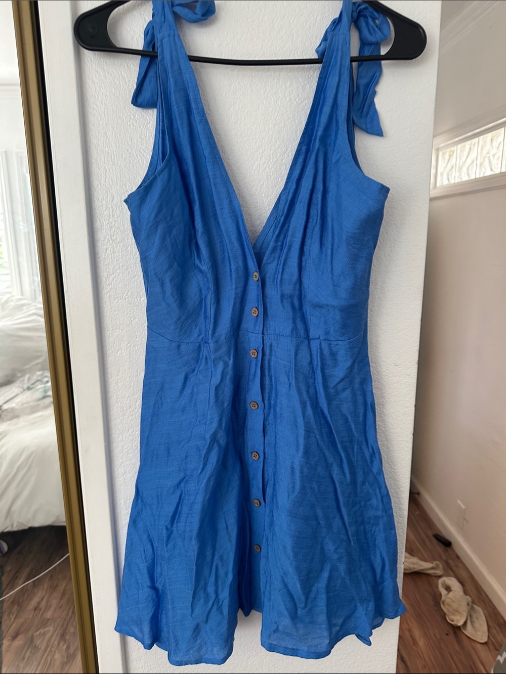Valija Silky Blue Button-Front Tie-Shoulder Sundress